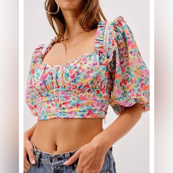 For Love And Lemons Claude Floral Crop Top Puff Sleeve Small Women Blouse 722 - Picture 1 of 7